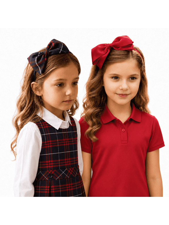 Girls Plaid and Red Grosgrain Bow Headband Set, Handmade Hair Accessories, Ages 2-10 Pack 2