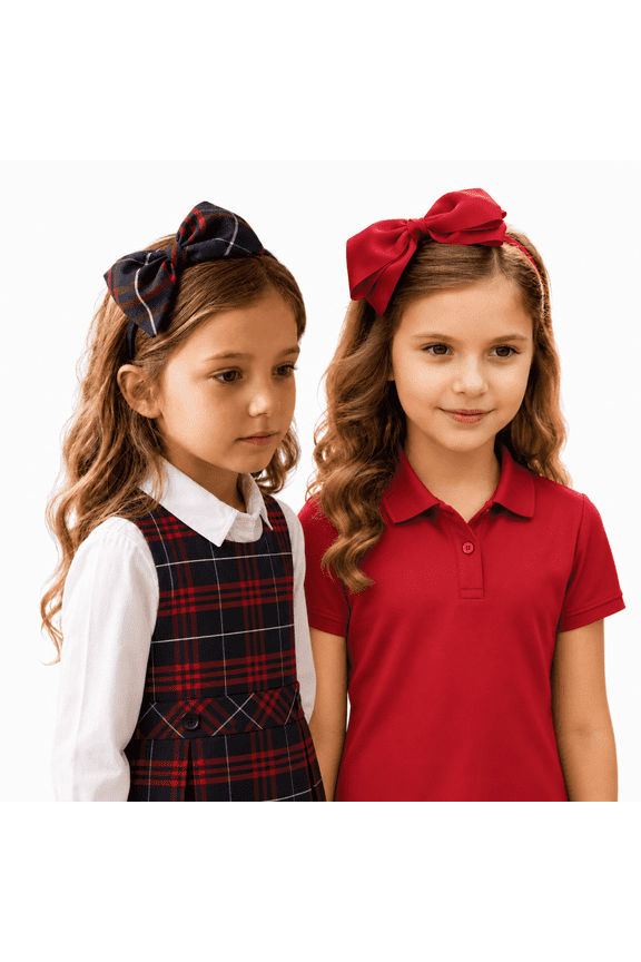 Girls Plaid and Red Grosgrain Bow Headband Set, Handmade Hair Accessories, Ages 2-10 Pack 2