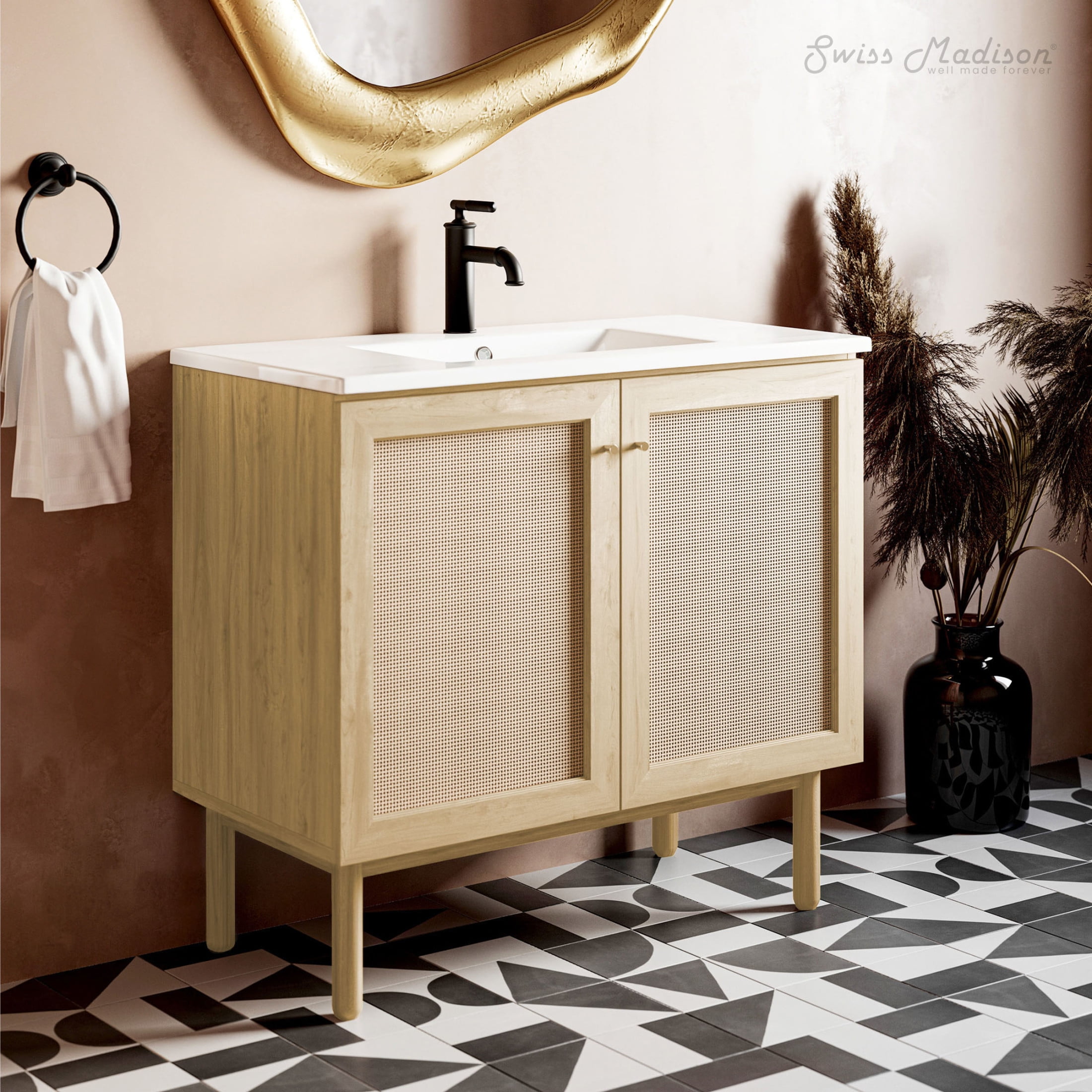 Natural Oak and White Ceramic Freestanding Bathroom Vanity