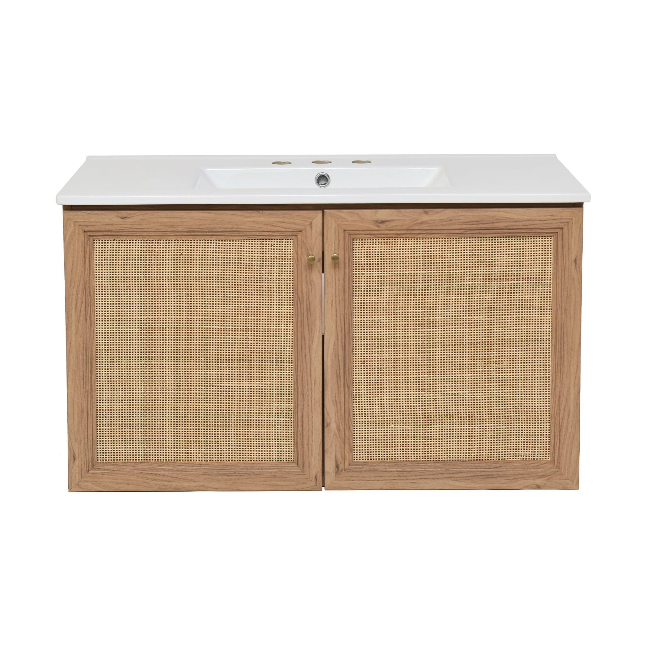Classe 36 in. Brown Oak Wall Hung Bathroom Vanity With White, 3-Hole Ceramic Sink Top