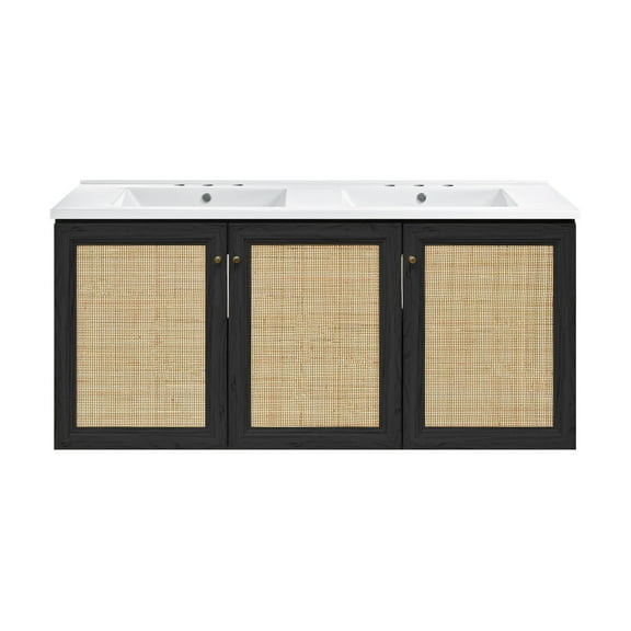 Classe 48" Wall-Mounted Bathroom Vanity in Black Oak with 3-Hole Widespread Double Basin Sink Top