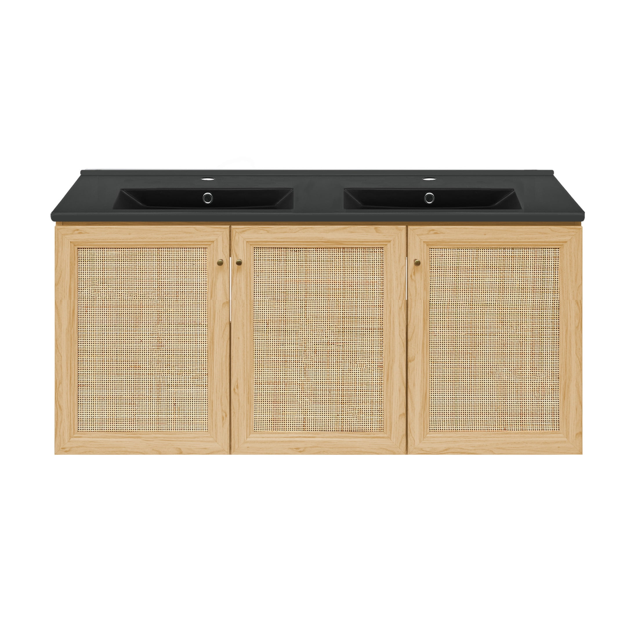 Classe 48" Wall-Mounted Bathroom Vanity in Natural Oak with Black Double Basin Sink Top