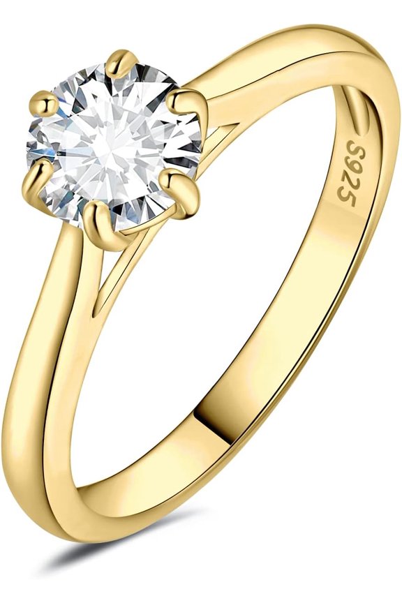 Classic 0.5-2ct Round Cut Moissanite Solitaire Engagement Rings for Women, 14K White Yellow Rose Gold Plated 925 Sterling Silver Promise Ring, Simulated Diamond Anniversary Rings D-F VVS