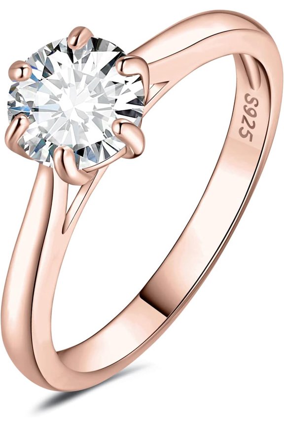 Classic 0.5-2ct Round Cut Moissanite Solitaire Engagement Rings for Women, 14K White Yellow Rose Gold Plated 925 Sterling Silver Promise Ring, Simulated Diamond Anniversary Rings D-F VVS