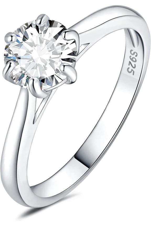 Classic 0.5-2ct Round Cut Moissanite Solitaire Engagement Rings for Women, 14K White Yellow Rose Gold Plated 925 Sterling Silver Promise Ring, Simulated Diamond Anniversary Rings D-F VVS