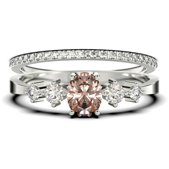 Classic 1.15 Carat Oval Cut Morganite And Diamond Moissanite Engagement Ring, Wedding Ring in 925 Sterling Silver With 18k White Gold Plating, Gift, Promise Ring, Bridal Rings Set