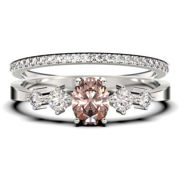 Bridal 1.15 Carat Oval Cut Morganite & Moissanite Bridal Set in 925 Sterling Silver with 18k White Gold Plating
