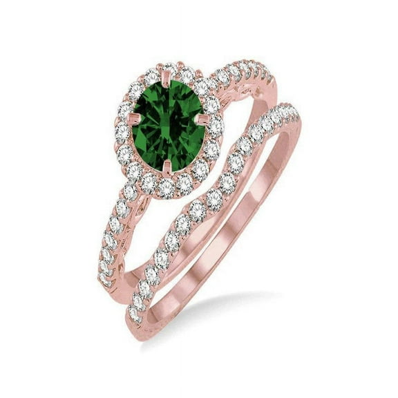 Classic 1.50 Carat Round Emerald and Diamond Halo Bridal Ring Set in 14k Rose Gold affordable emerald & diamond engagement ring
