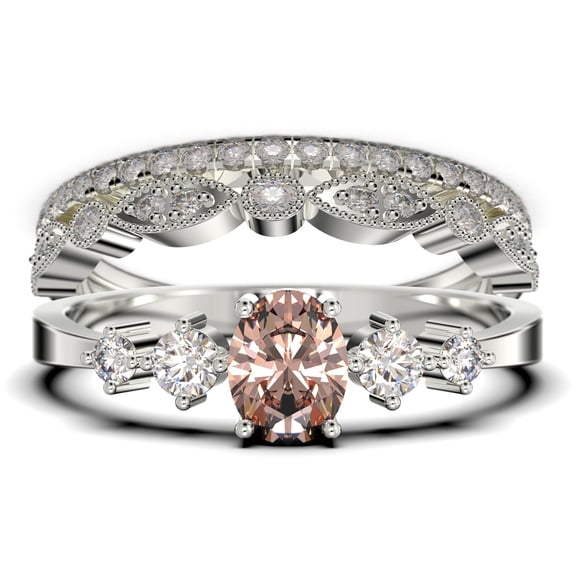 Classic 1.65 Carat Oval Cut Morganite And Diamond Moissanite Engagement Ring, Fairy And Dainty Ring, Wedding Ring in 925 Sterling Silver With 18k White Gold Plating, Gift, Promise Ring, Trio Rings