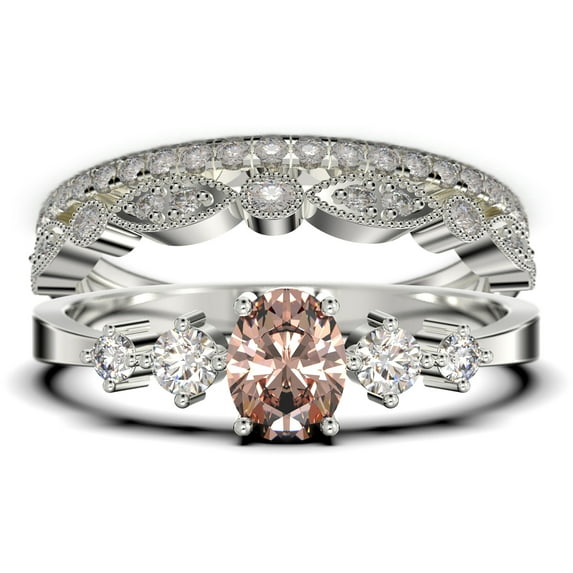 Classic 1.65 Carat Oval Cut Morganite And Diamond Moissanite Engagement Ring, Fairy And Dainty Ring, Wedding Ring In 925 Sterling Silver With 18K White Gold Plating, Gift, Promise Ring, Trio Rings
