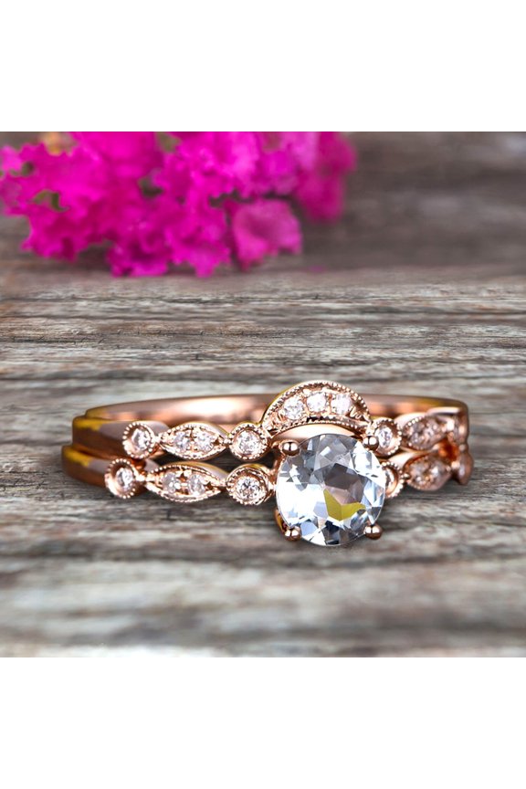 Classic 10k Rose Gold 1.50 Carat Round Cut Natural Aquamarine Engagement Ring With Matching Wedding Band Anniversary Gift Art Deco