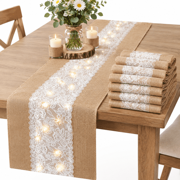 Classic 12x108 Inches 6 Pack Burlap Table Runner with Warm LED Lights