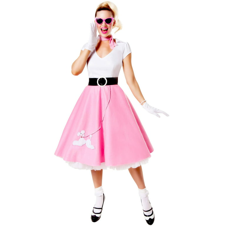 Classic 1950's Womens Grease Pink Poodle Skirt Hop Outfit Halloween Costume