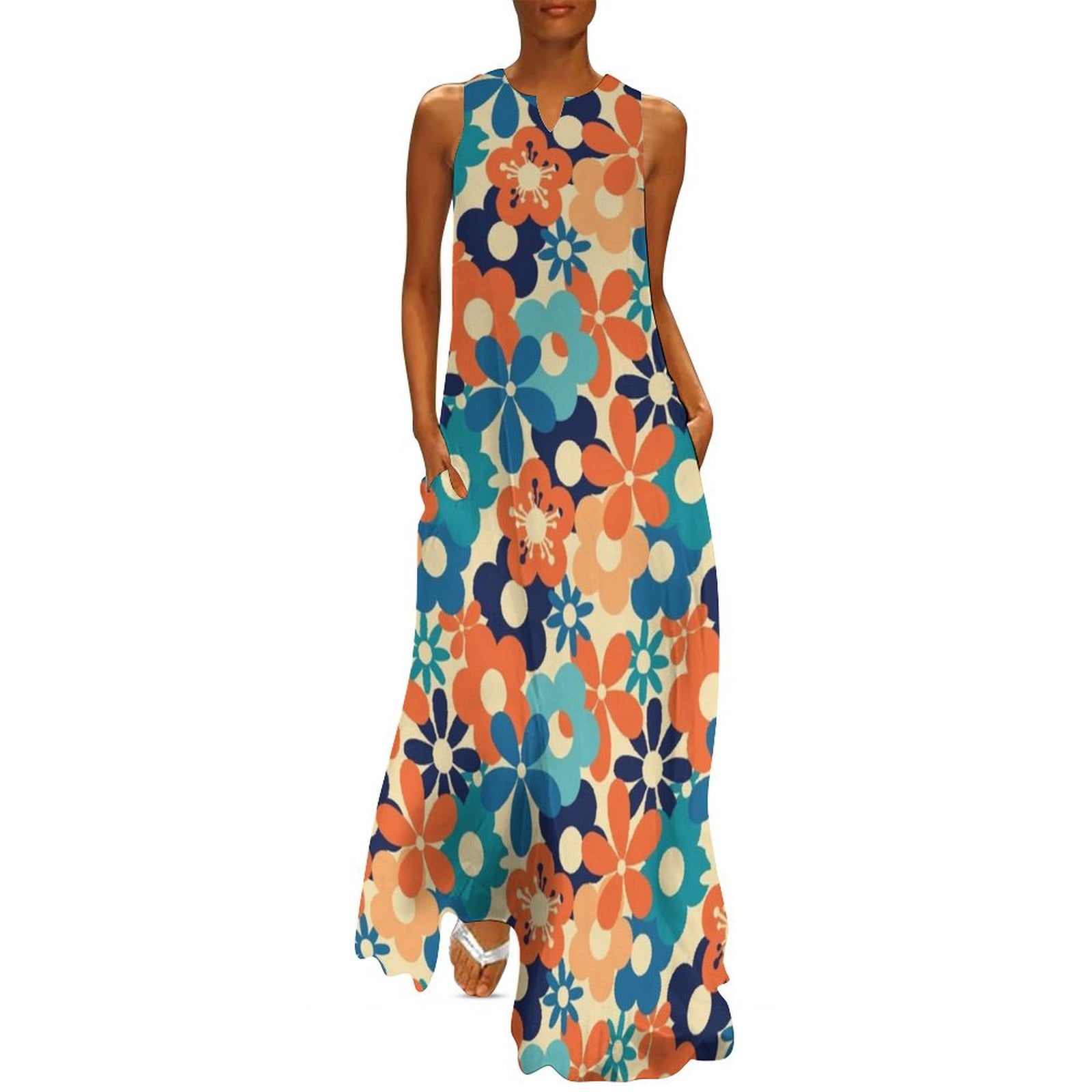 Classic 1970s Colors Flower Power Seamless Pattern Print Long Dress