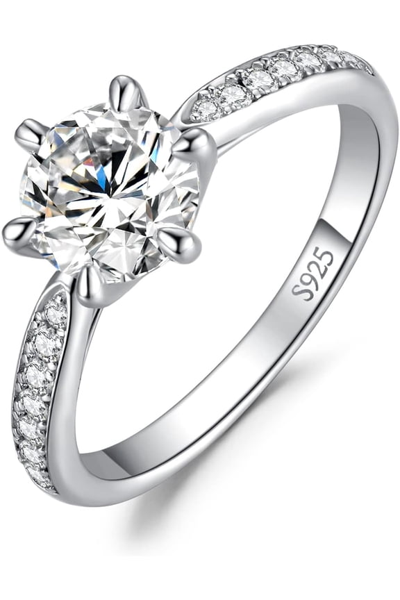 Classic 1ct 2ct 3ct Moissanite Solitaire Engagement Rings for Women, 925 Sterling Silver Promise Ring for Her, Round Cut Simulated Diamond Anniversary Wedding Rings D-F VVS Size 4-12