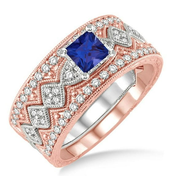 Classic 2.75 Carat Square Shape Blue Sapphire And Moissanite Diamond Antique Trio Bridal Set Engagement Ring on 10k Rose Gold