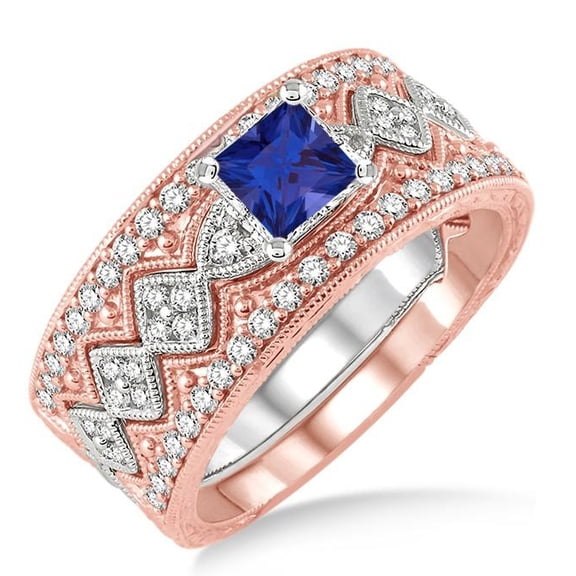 Classic 2.75 Carat Square Shape Blue Sapphire And Moissanite Diamond Antique Trio Bridal Set Engagement Ring on 10k Rose Gold