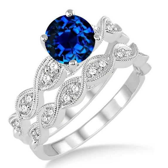 Classic 2 Carat 6mm Round Cut Blue Sapphire And Moissanite Diamond inertwined Bridal Set On 10k White Gold