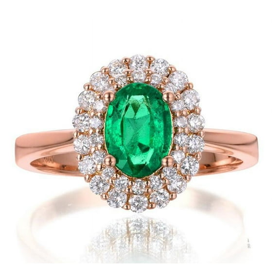 Classic 2 Carat Green Emerald 8x6mm Oval Shape Moissanite Diamond Halo Engagement Ring in 10k Rose Gold