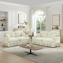 Classic 2 Piece Modular Couch Living Room Sofa Set with Flared Arms and Removable Ruffles Pleats Skirts and Spindle Legs, 2 Seater Sofa   2-Seat Loveseat Sofa Sets for Living Room, Beige White