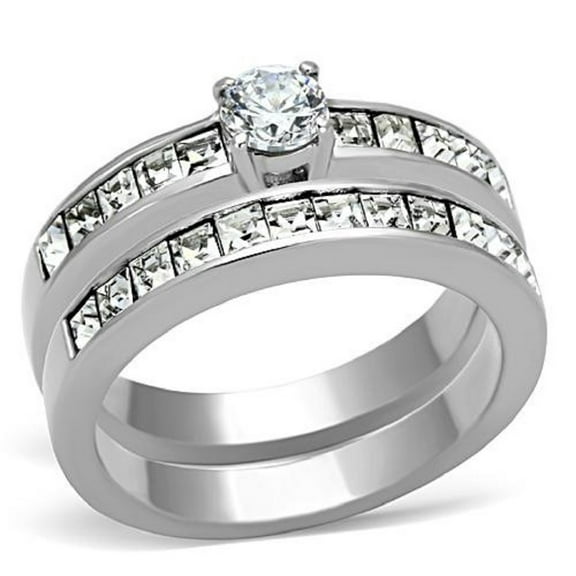 Classic 2-Piece New Stainless Steel Solitaire CZ Wedding Ring Set - Size 10
