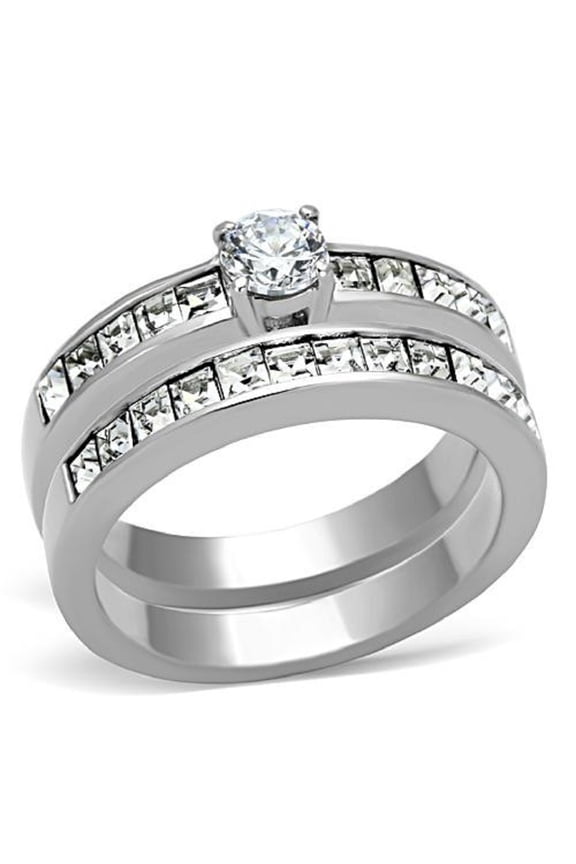 Classic 2-Piece New Stainless Steel Solitaire CZ Wedding Ring Set - Size 10