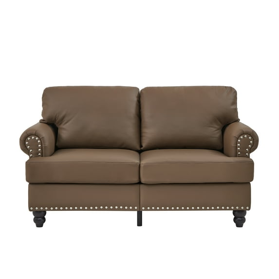 Classic 2 Seaters Upholstered Sofa, Faux Leather Couch Loveseat with Nailhead Trim and Storage for Living Room Office Apartment