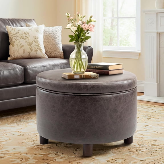 Classic 24" Round Storage Ottoman Footstool with Removable Lid, Upholstered Faux Leather/Fabric, Wooden Legs for Living Room & Bedroom