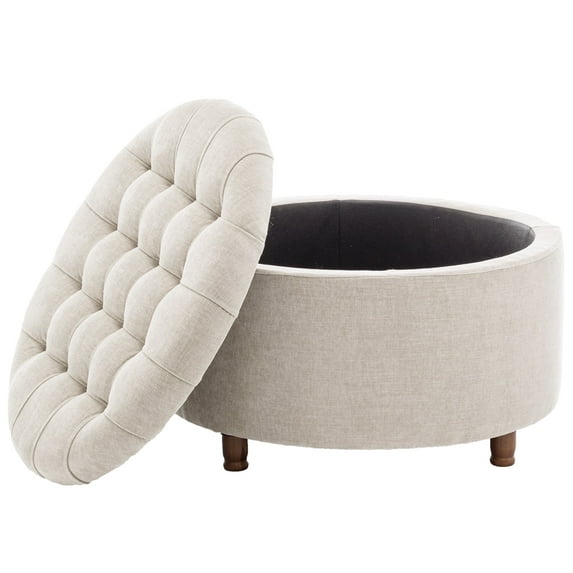 Classic 28-Inch Wide Button Tufted Round Storage Ottoman with Lift-Off Lid
