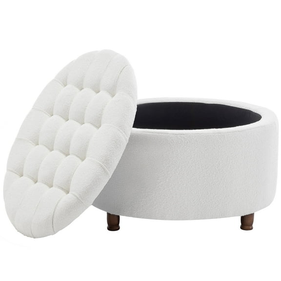 Classic 28-Inch Wide Button Tufted Round Storage Ottoman with Lift-Off Lid