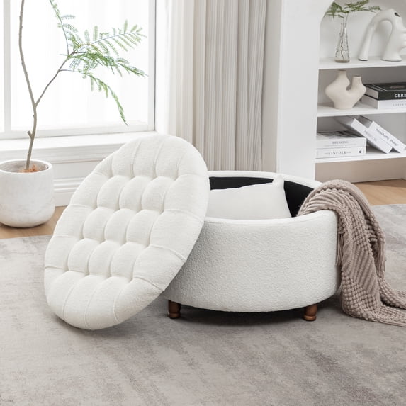 Classic 28-Inch Wide Button Tufted Round Storage Ottoman with Lift-Off Lid