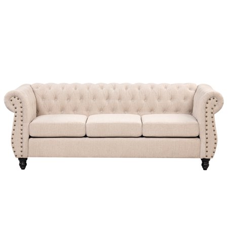 Classic 3 Seater Button Tufted Sofa, Upholstered Couch with Nailhead Rolled Arms Removable Cushions for Living Room Office Bedroom