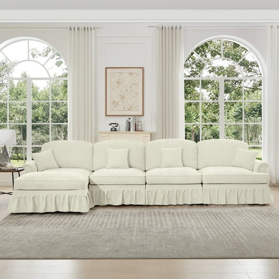 Classic 3-Seater Modular L-Shaped Sectional Sofa with Detachable Ruffles Skirts, Comfortable Chenille, Movable Ottoman, Beige White