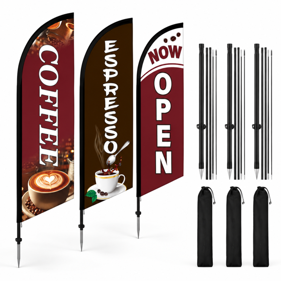 Classic 3 Set Coffee Espresso Now Open Cafe Advertising Outdoor Flags & Banners