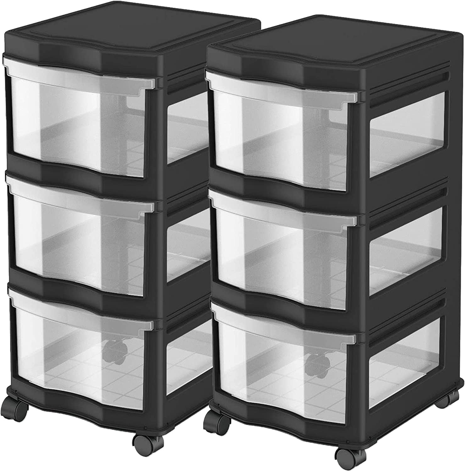 Classic 3 Shelf Storage Organizer Plastic Drawers, Black (2 Pack