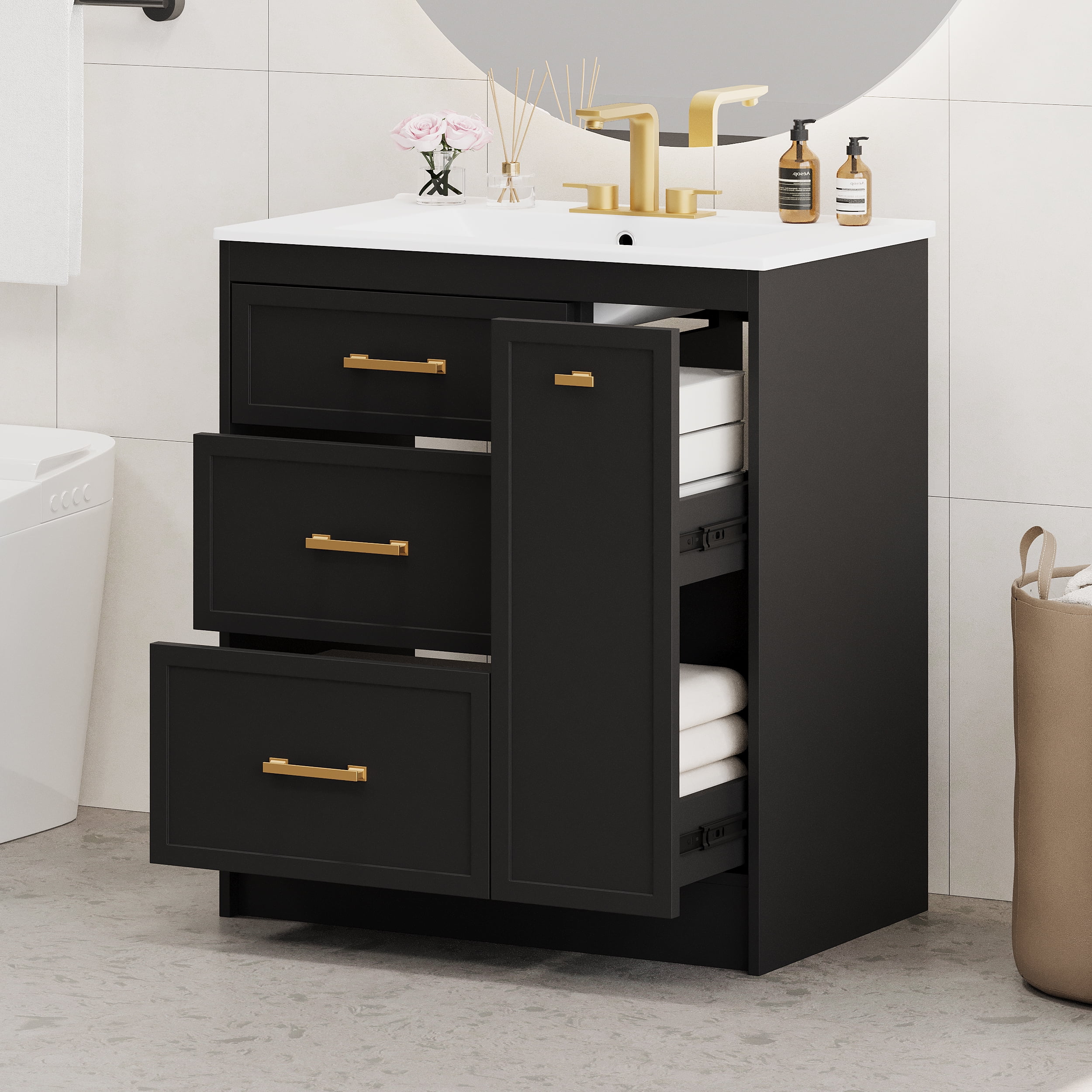 Classic 30" Black Bathroom Vanity Set, Floor Standing, with Three ...