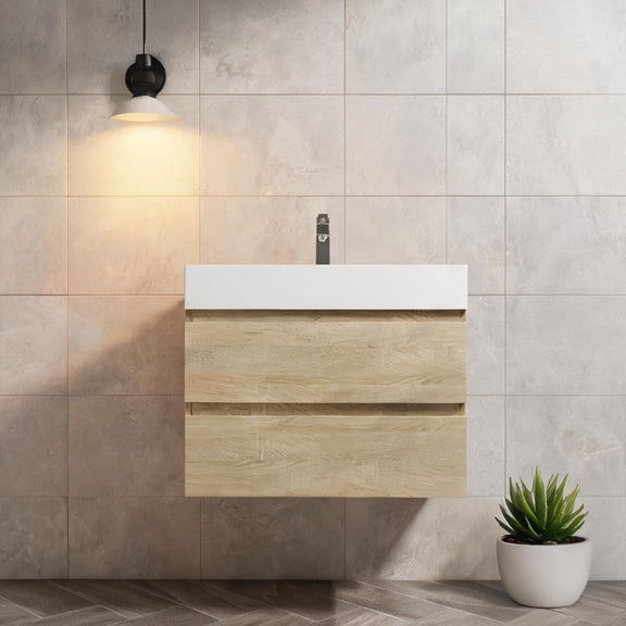 Classic 30 Inch Wall-Mounted Bathroom Vanity With 2 Soft-Close Drawers Resin Sink Light Oak Plywood