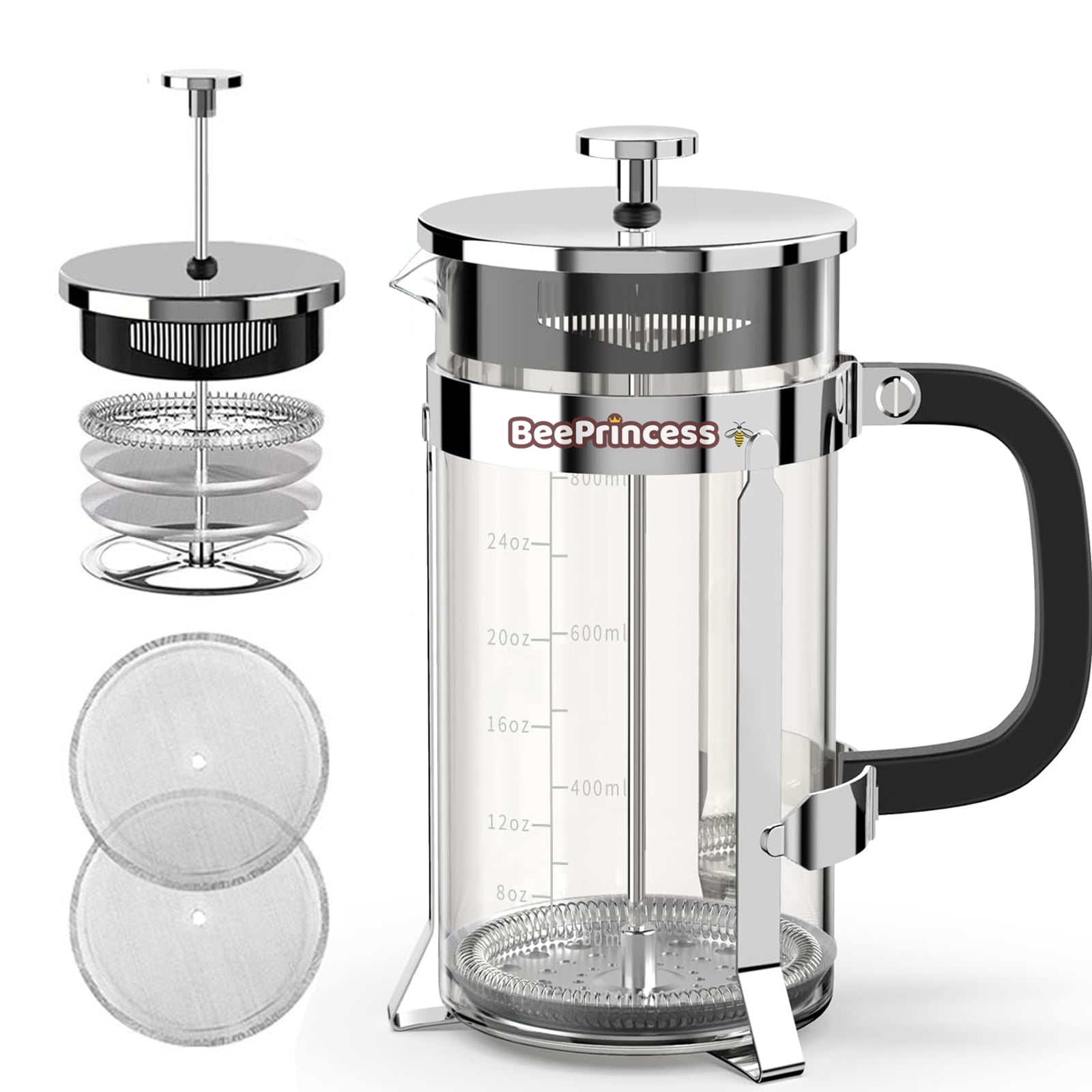BeePrincess 34 oz Coffee French Presses, Includes 4 Filters, Stainless