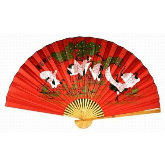 "Classic 35"" Oriental Feng Shui Wall Fan-Cranes (Red)"