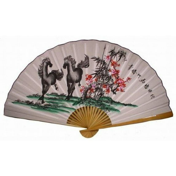 "Classic 35"" Oriental Feng Shui Wall Fan-Double Horses"
