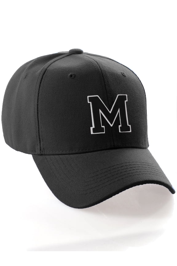 Classic 3D Raised Initial Letters A to Z Structured Baseball Hat Cap Adjustable, Black Hat White Black Letter M
