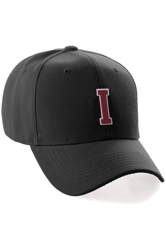 Classic 3D Raised Initial Letters A to Z Structured Baseball Hat Cap Adjustable, Black Hat White Red Letter I