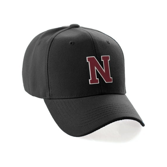 Classic 3D Raised Initial Letters A to Z Structured Baseball Hat Cap Adjustable, Black Hat White Red Letter N