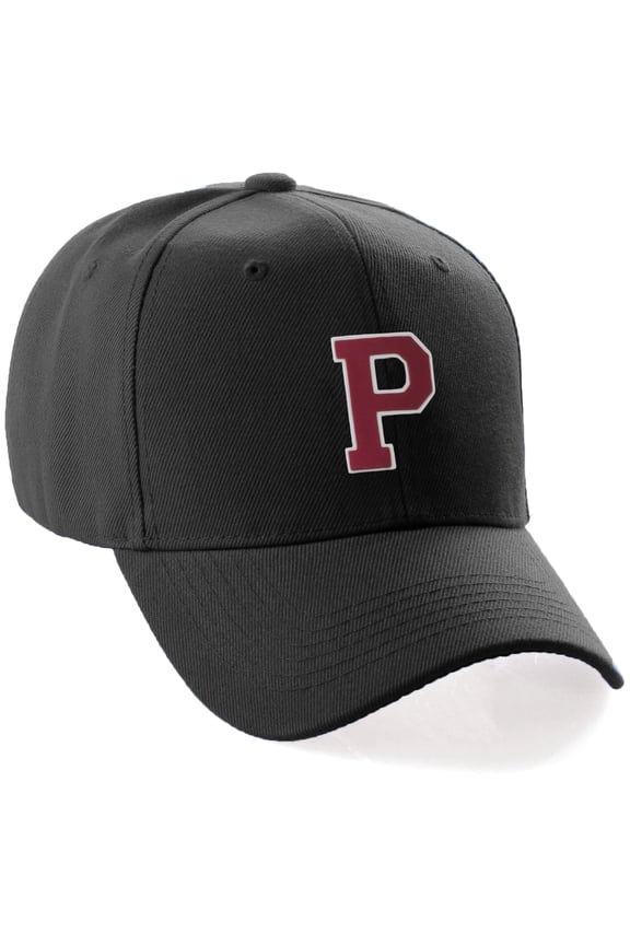 Classic 3D Raised Initial Letters A to Z Structured Baseball Hat Cap Adjustable, Black Hat White Red Letter P