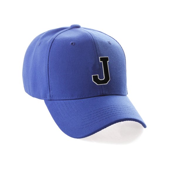 Classic 3D Raised Initial Letters A to Z Structured Baseball Hat Cap Adjustable, Blue Hat White Black Letter J