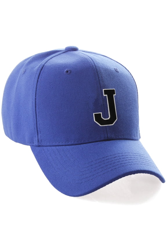 Classic 3D Raised Initial Letters A to Z Structured Baseball Hat Cap Adjustable, Blue Hat White Black Letter J