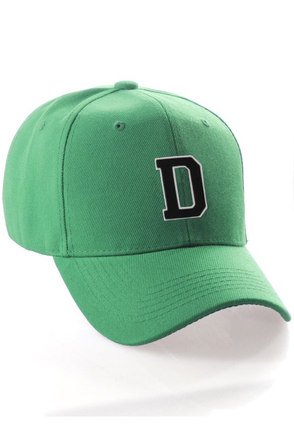Classic 3D Raised Initial Letters A to Z Structured Baseball Hat Cap Adjustable, Green Hat White Black Letter D