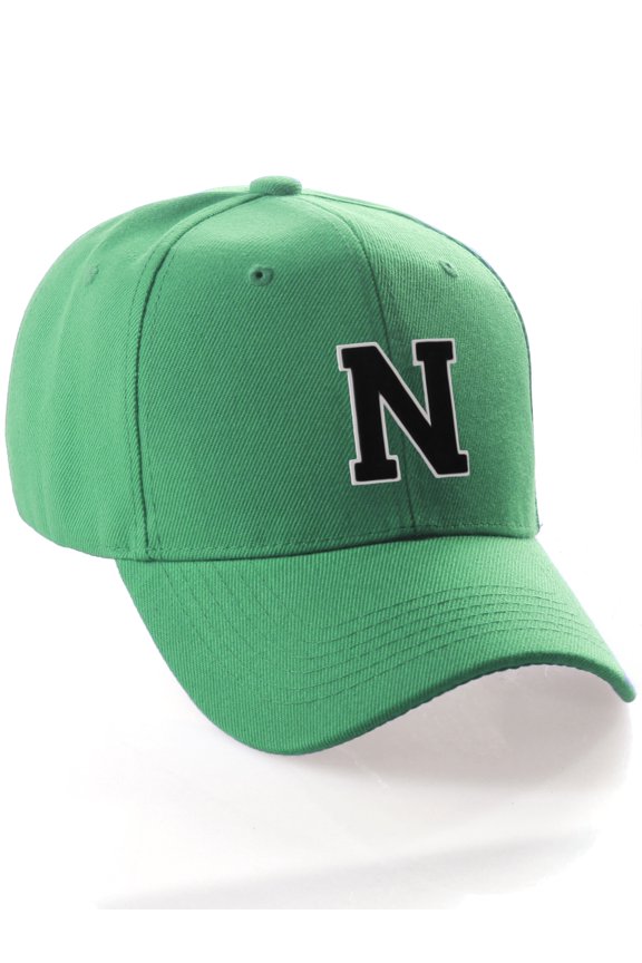 Classic 3D Raised Initial Letters A to Z Structured Baseball Hat Cap Adjustable, Green Hat White Black Letter N