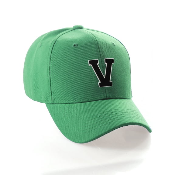 Classic 3D Raised Initial Letters A to Z Structured Baseball Hat Cap Adjustable, Green Hat White Black Letter V