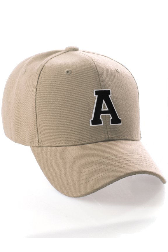 Classic 3D Raised Initial Letters A to Z Structured Baseball Hat Cap Adjustable, Khaki Hat White Black Letter A